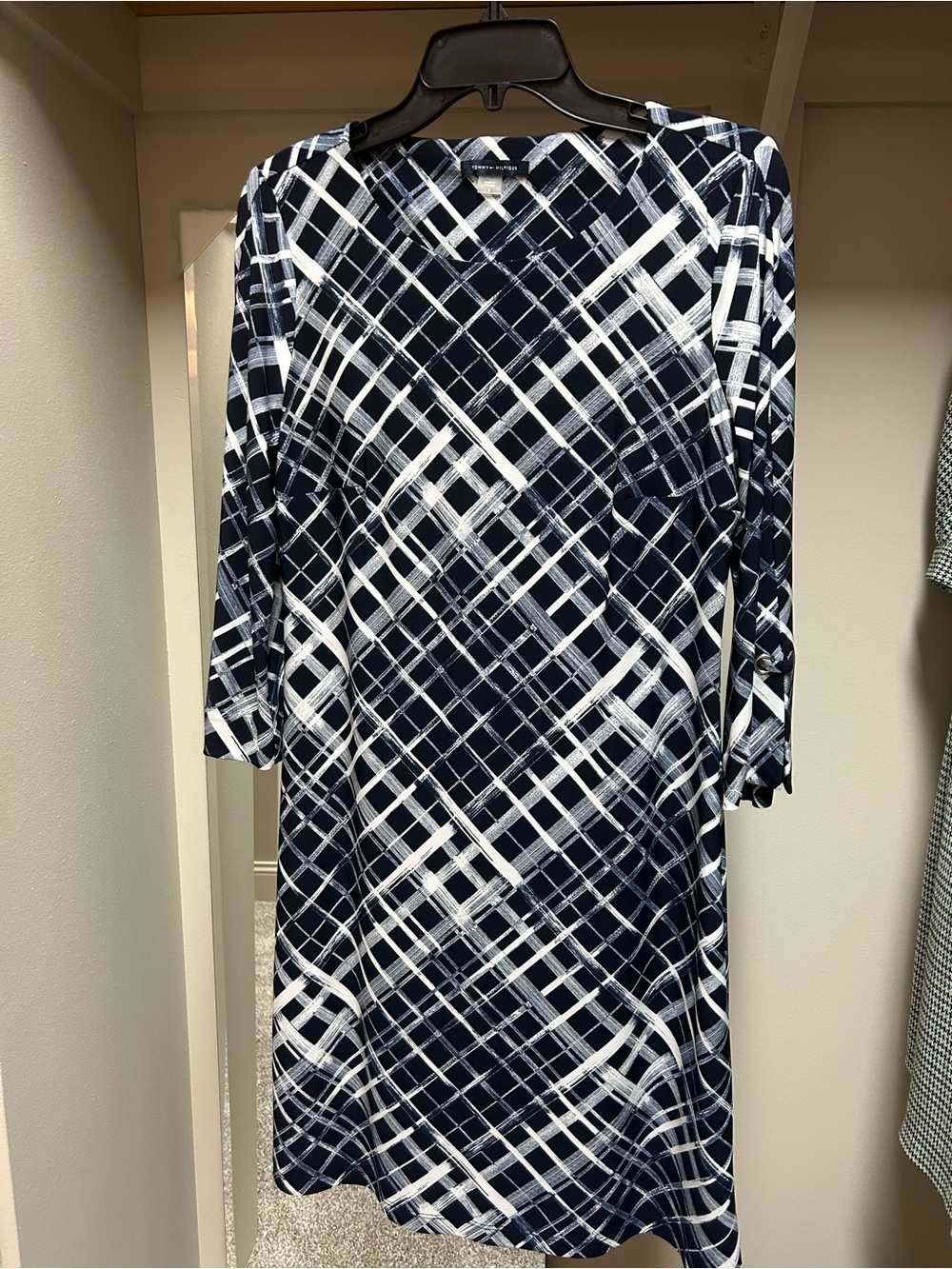 Tommy Hilfiger Navy and White Plaid 3/4 Sleeve Shift Dress